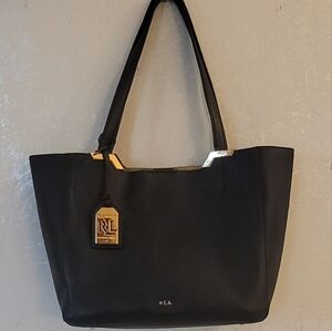 Ralph Lauren Acadia Large Black Leather Tote with Gold Accents